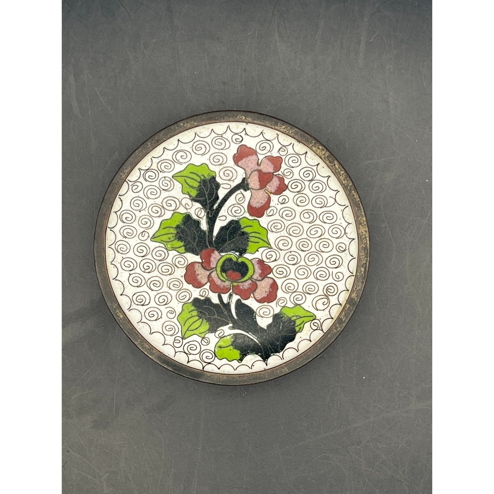Vtg Cloisonné Dish Floral Plate Asian Decor Enamel Trinket Dish 3.75" Chinese